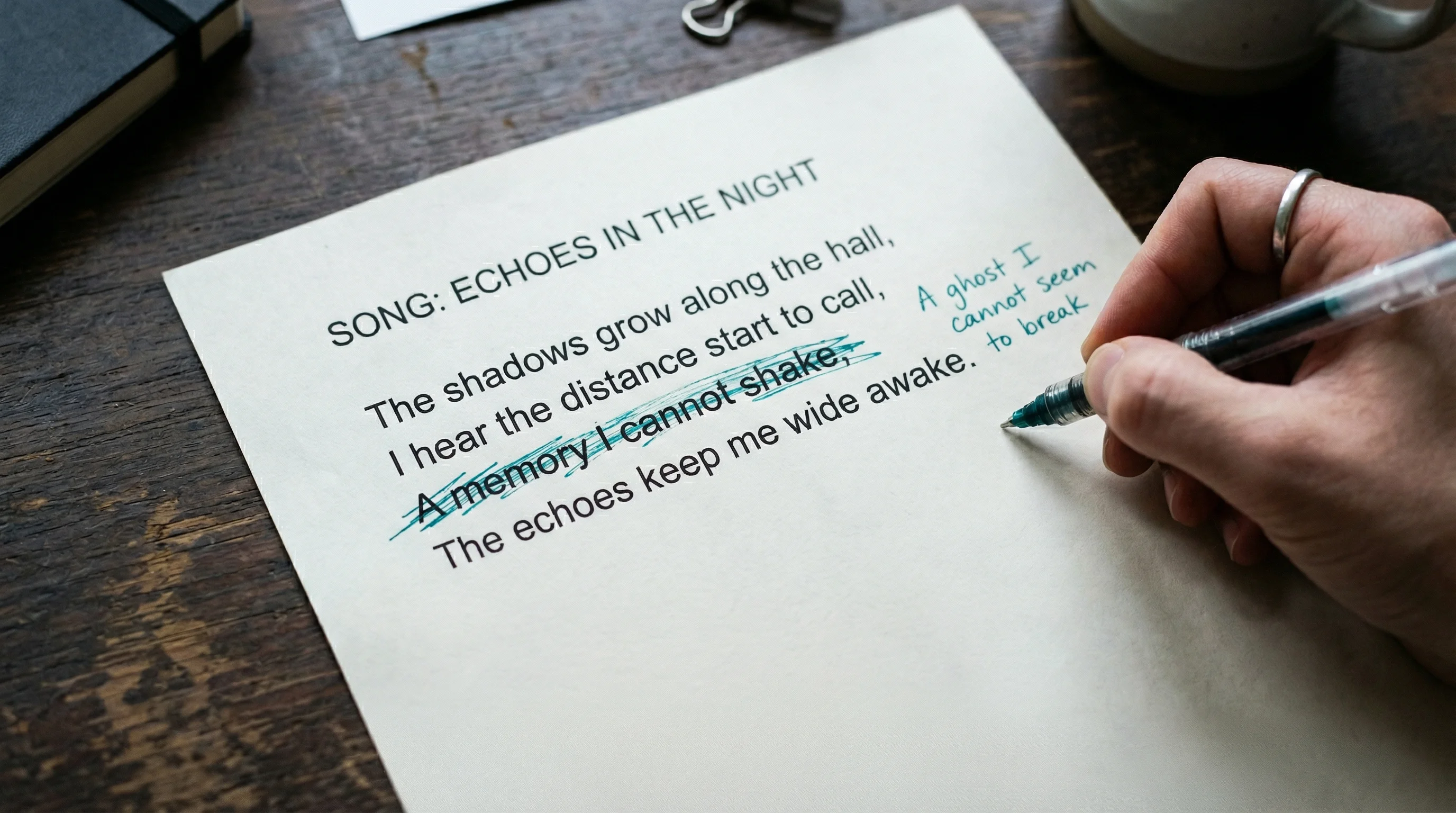 Hand editing a printed lyric sheet with a teal pen, crossing out a line and writing a new one in the margin