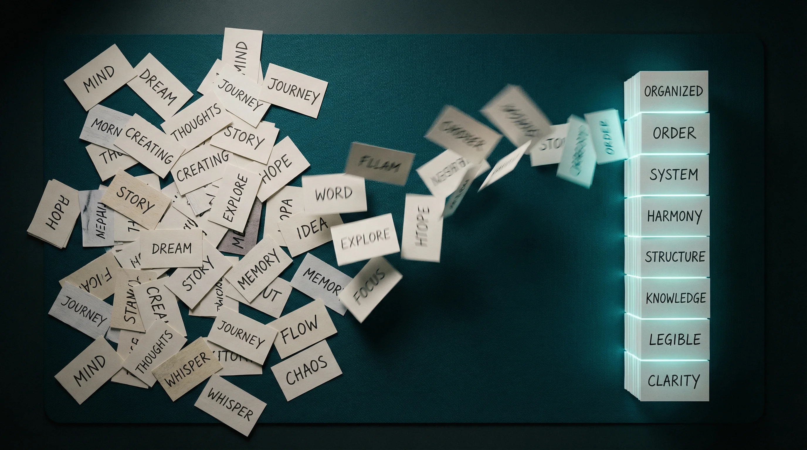Scattered word cards assembling into a structured lyric column on a dark teal surface