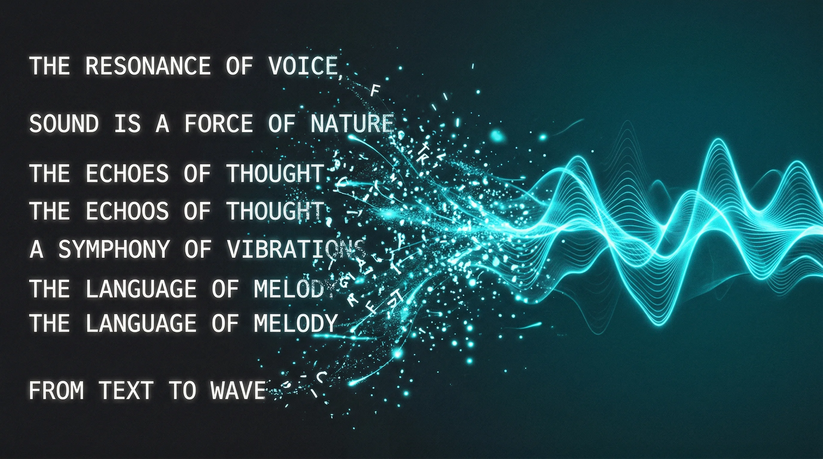 Song lyrics dissolving into cyan audio waveforms, visualizing the transition from words to music