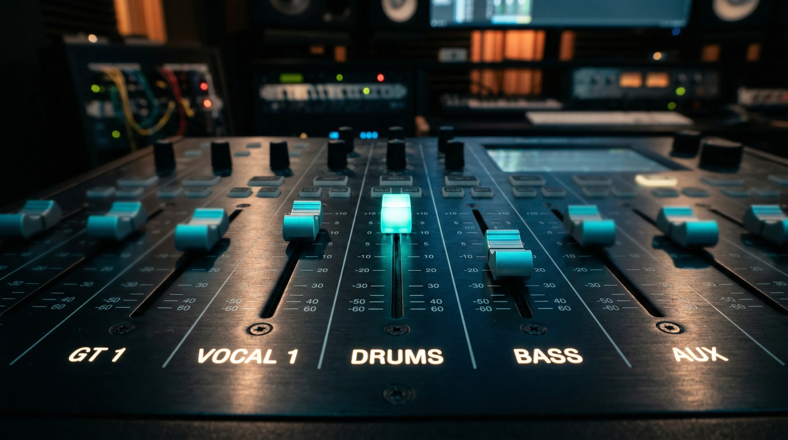 Mixing console sliders with teal illumination representing mood, structure, and style controls