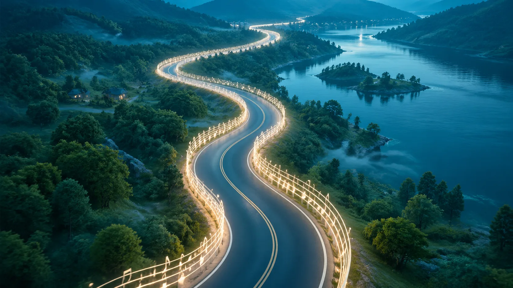 Aerial view of a road with glowing music-notation guardrails guiding the path forward