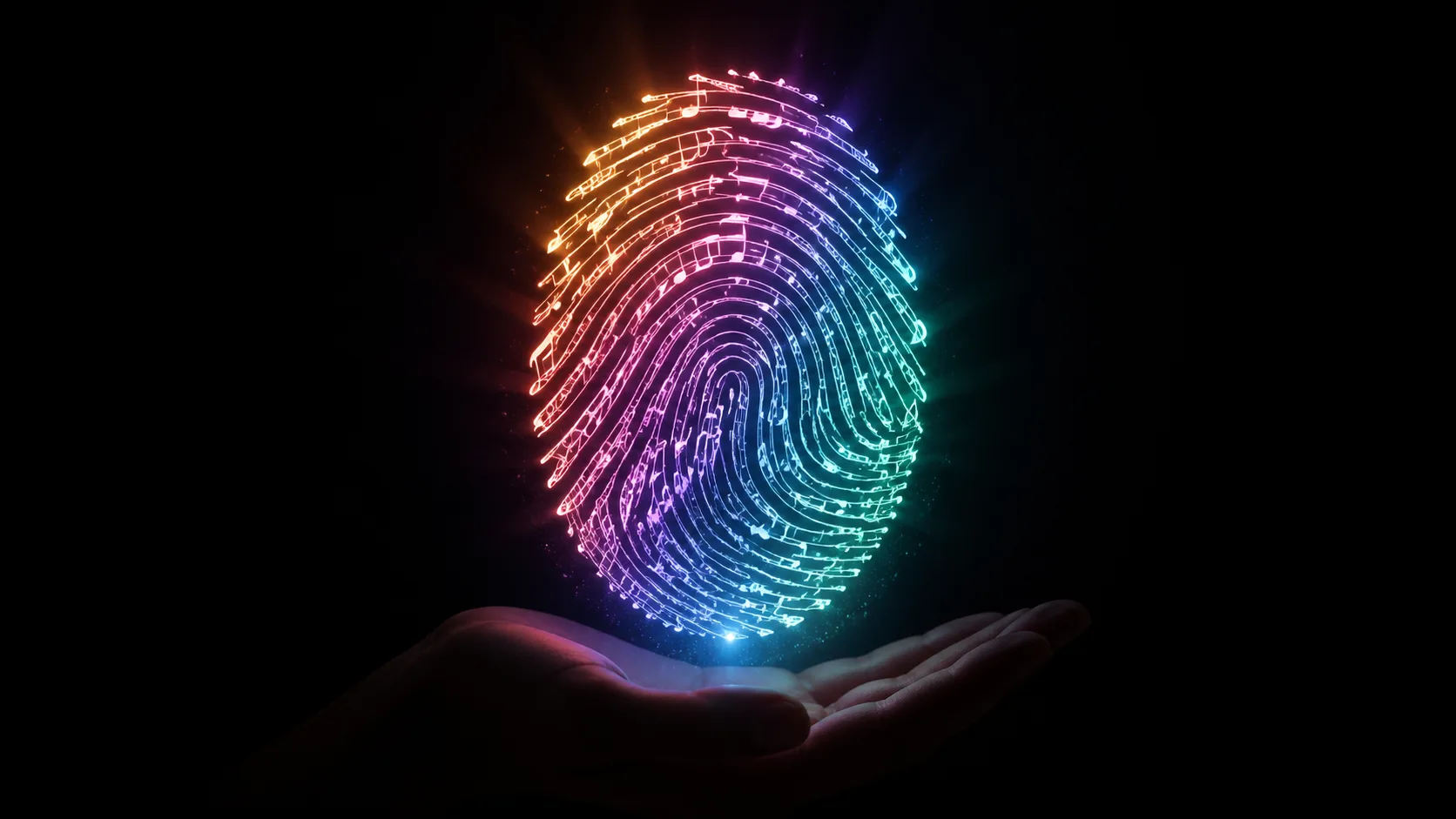 Glowing musical fingerprint hovering above a hand, symbolizing a unique generated track