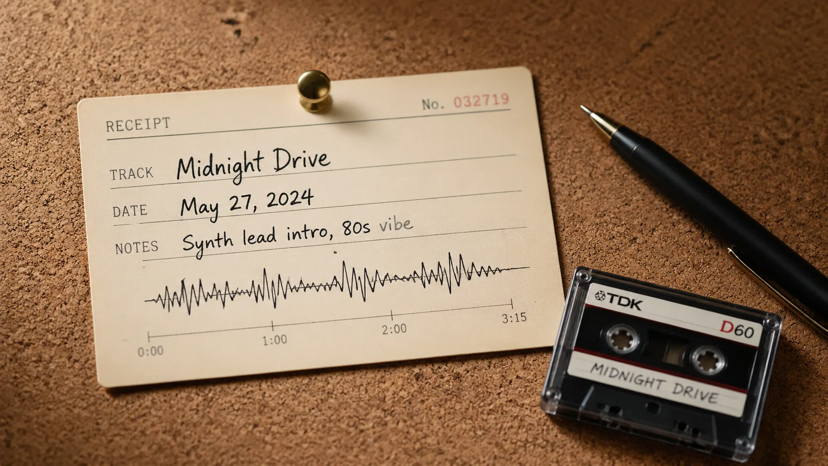 Pinned index card with handwritten track details and a small waveform sketch beside a cassette tape
