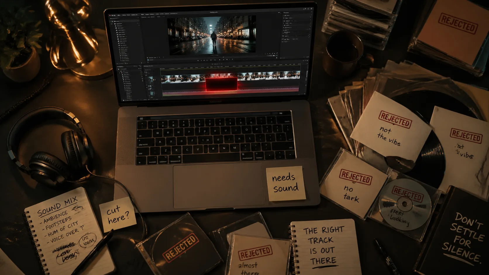 Cluttered creator desk with a video timeline missing its audio track