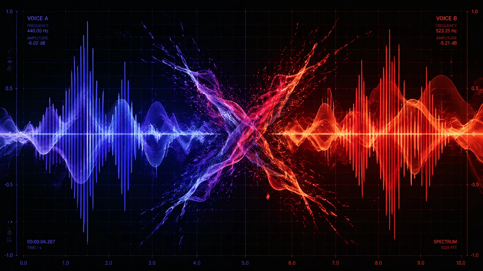 Two vocal waveforms clashing in the middle, illustrating conflict between narration and music vocals
