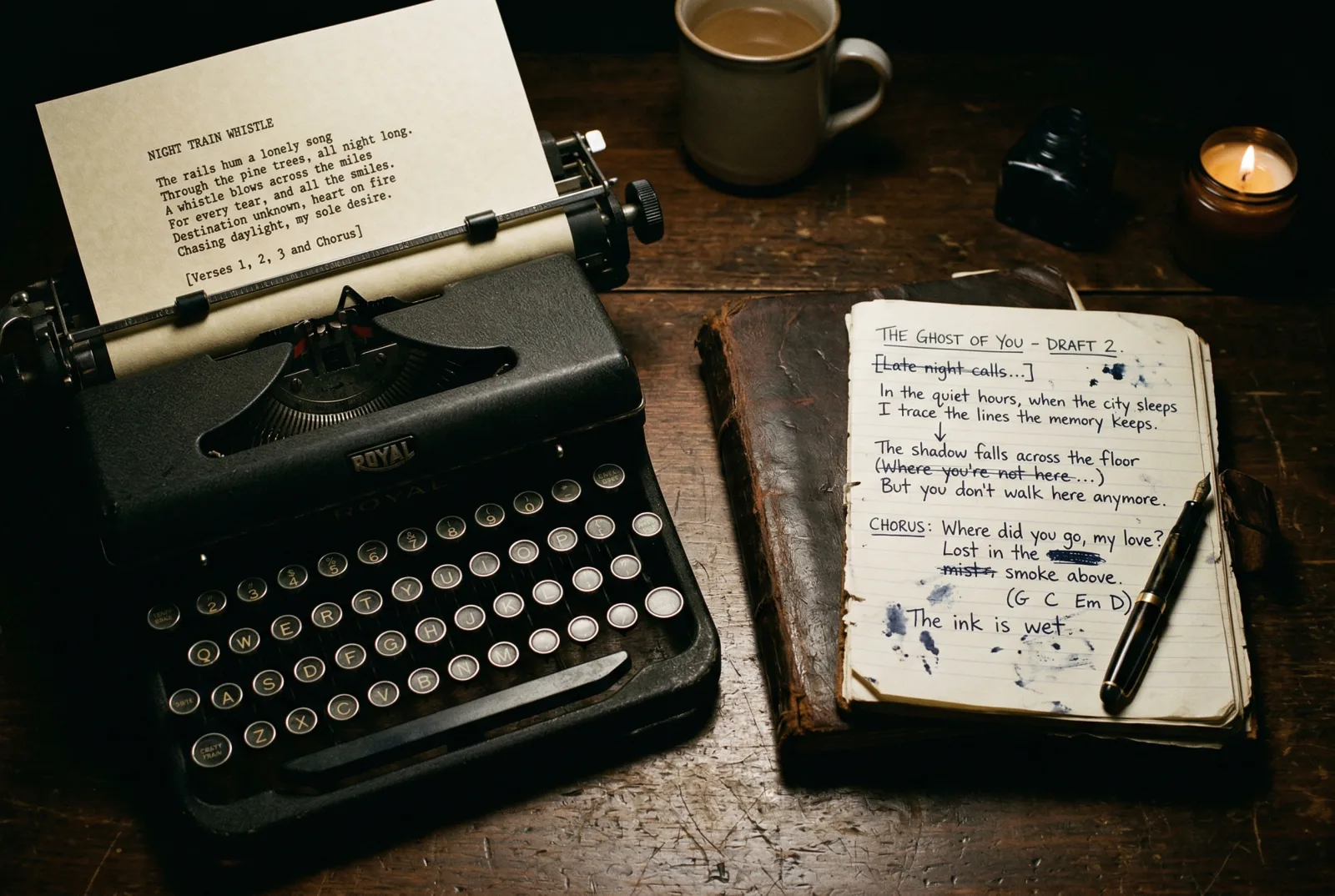 Typed lyrics on a typewriter beside handwritten lyrics in a notebook on a wooden desk