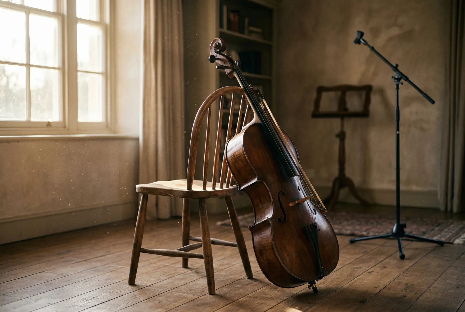 Cello resting on a wooden chair in warm light with an unused microphone stand behind it