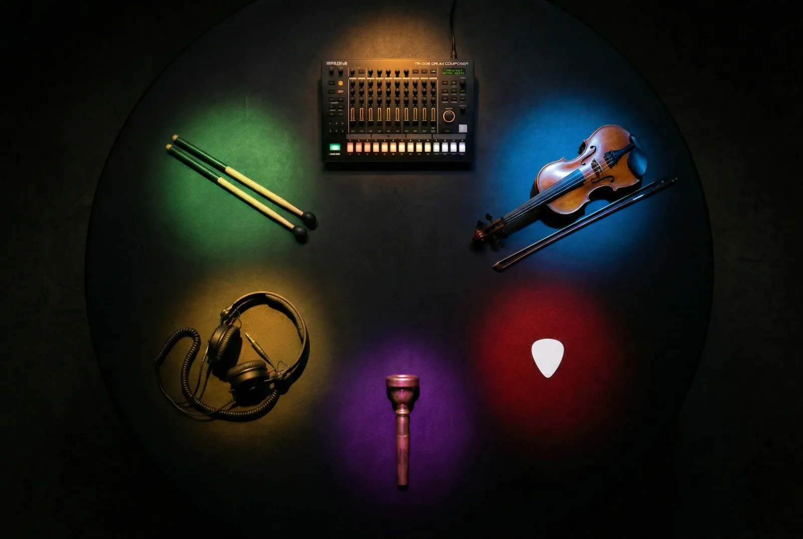 Top-down arrangement of genre-spanning instruments lit by different colored spotlights