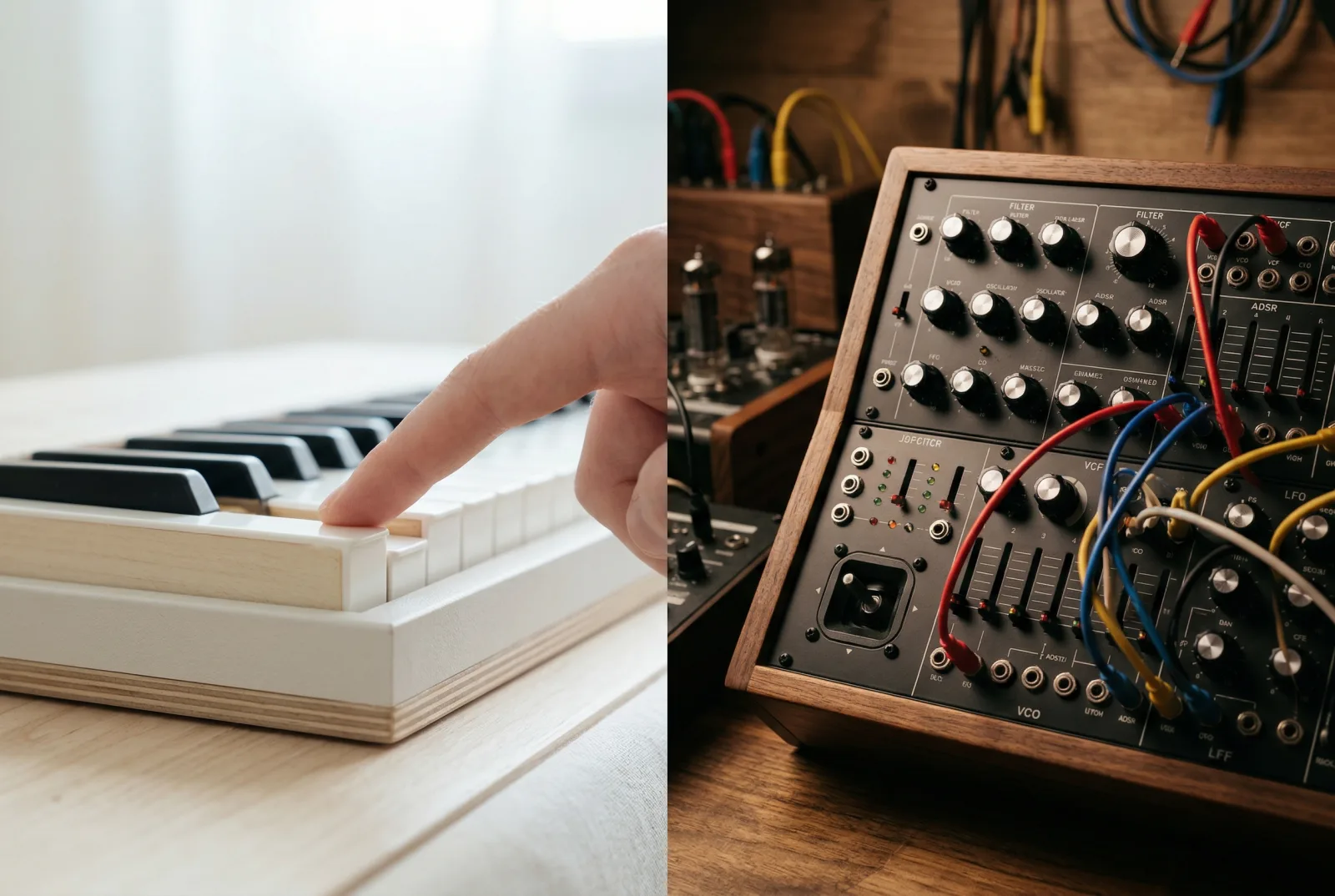 Split studio scene with a pressed piano key beside a full analog synthesizer