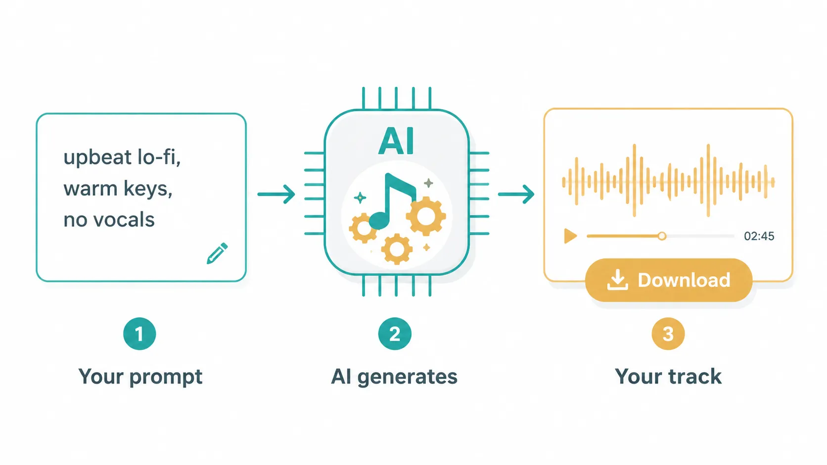 Infographic showing three steps of AI music generation: write a prompt, AI processes it, download the finished track