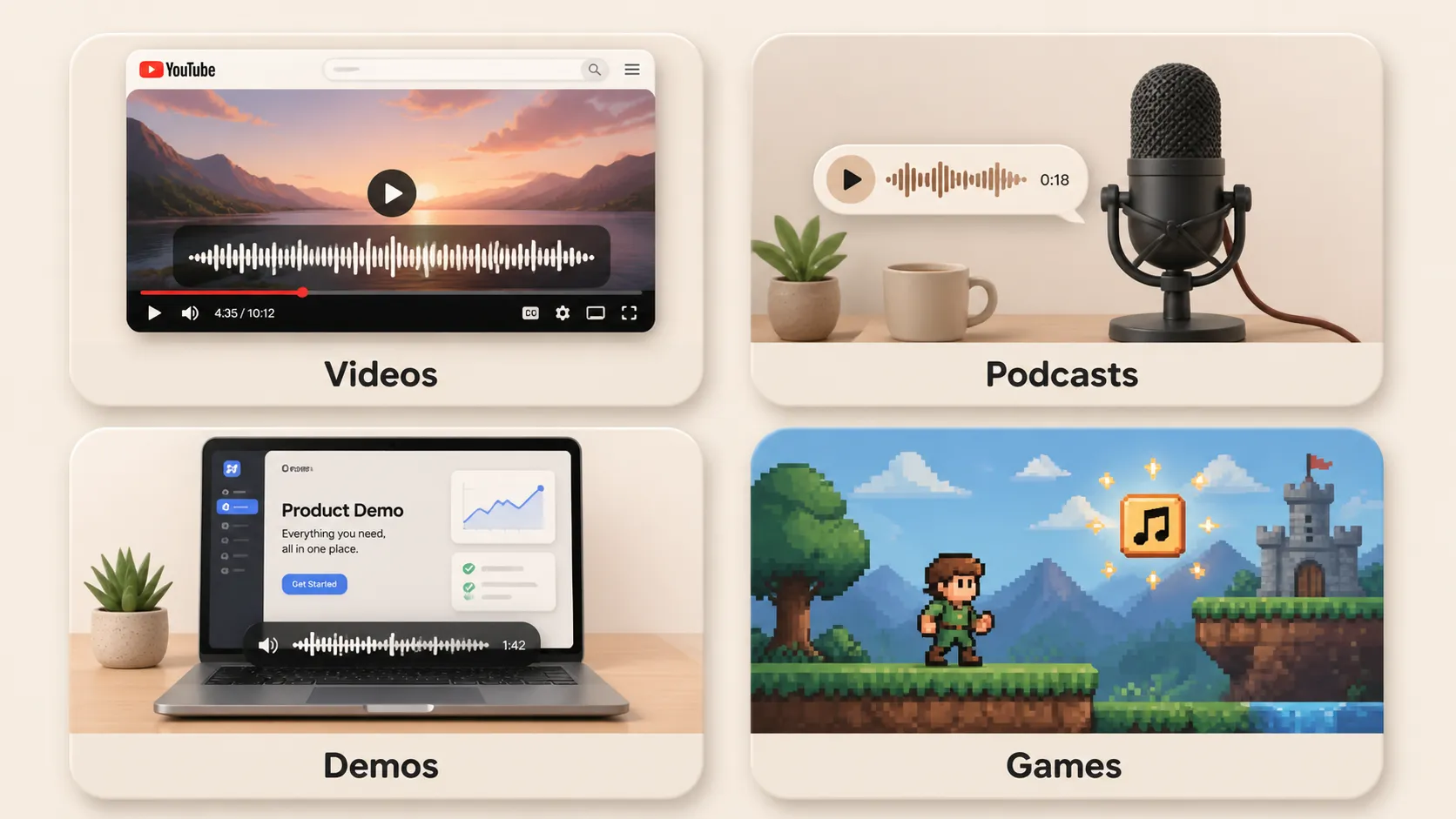 Four use cases for AI music: YouTube videos, podcasts, product demos, and game prototypes shown as illustrated cards