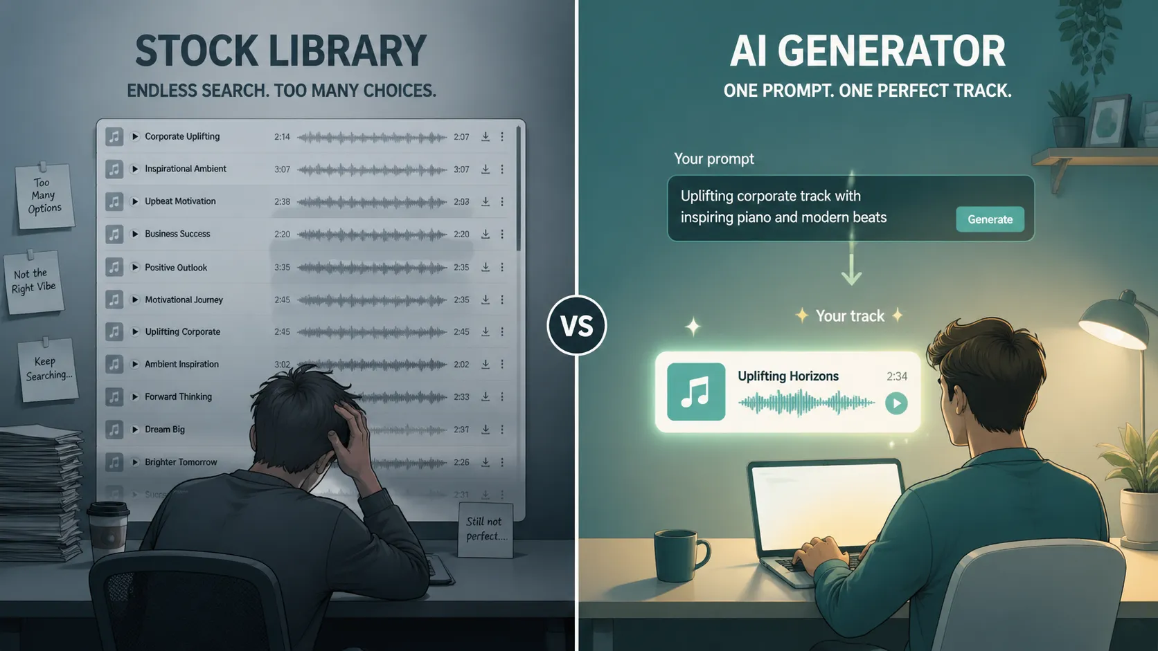 Visual comparison of stock music library browsing fatigue versus the focused single-prompt workflow of an AI music generator