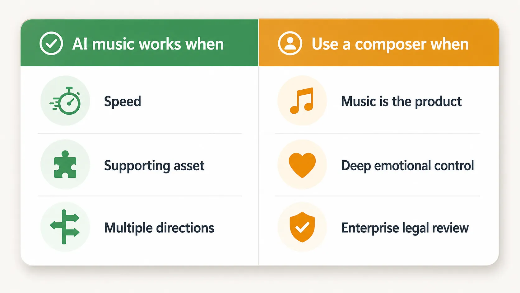Two-column diagram showing when AI music generators work best versus when hiring a composer is the better choice