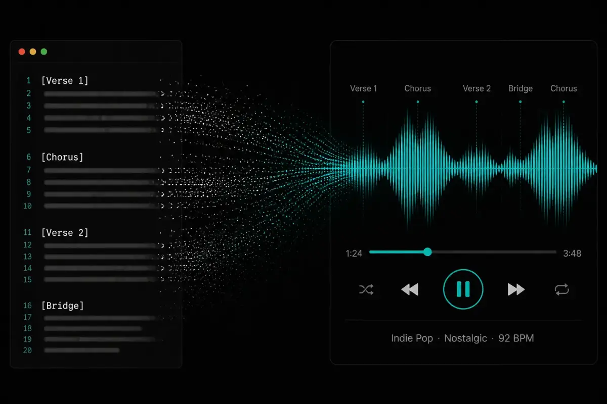 Finished song lyrics on the left transforming into a music waveform and playback interface on the right