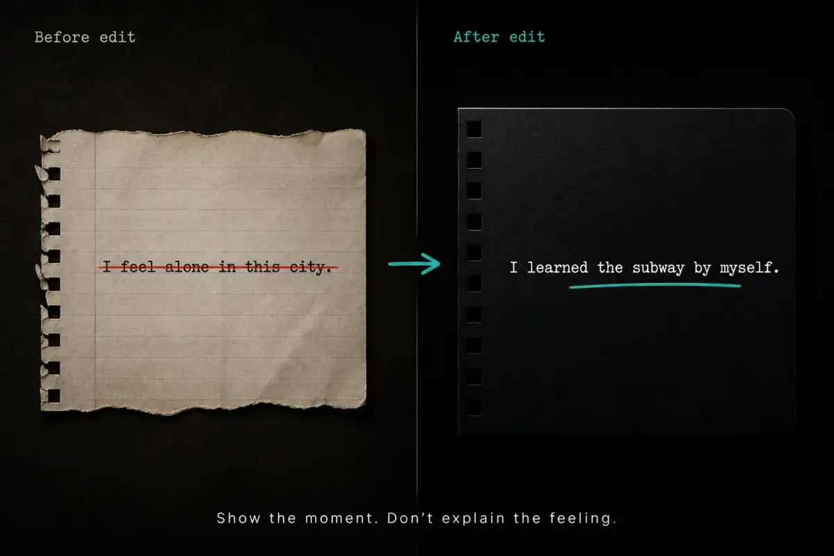 Side by side comparison of weak AI lyrics saying I feel alone versus strong rewrite saying I learned the subway by myself