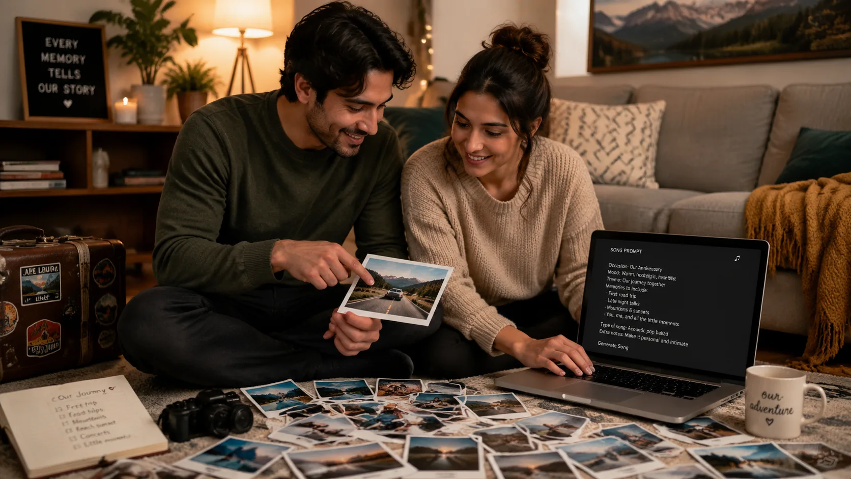 Couple choosing old travel photos and relationship memories for an anniversary song prompt