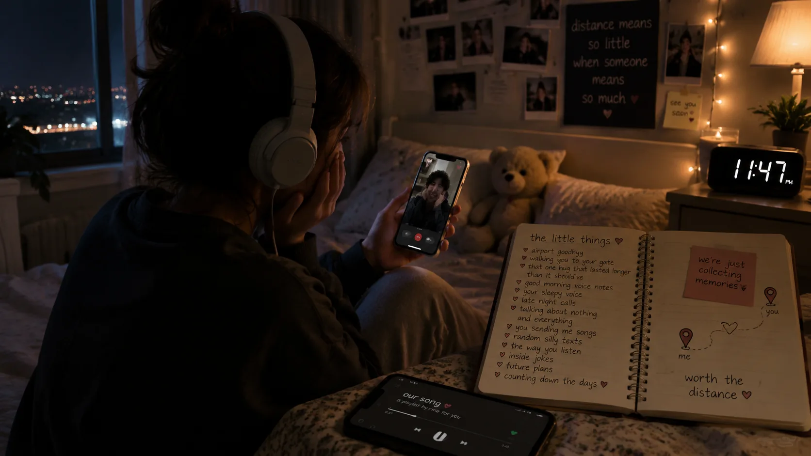 Long-distance couple listening to a custom song together during a late-night video call