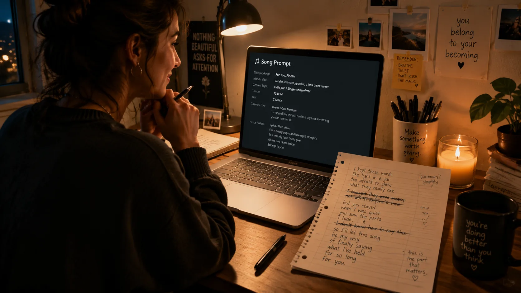 Person turning a handwritten poem with crossed-out lines into a personalized song prompt