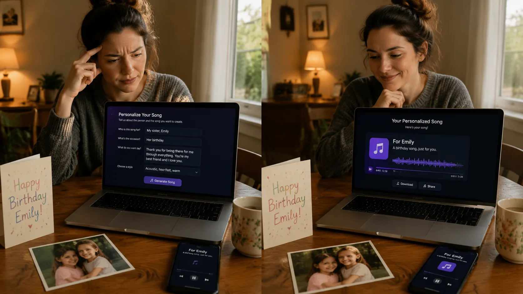 Non-musician previewing a generated personalized song gift beside a card and old photo