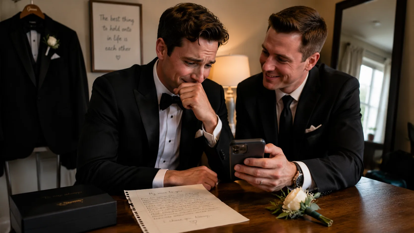 Groom reviewing a custom wedding song with a friend beside handwritten vows