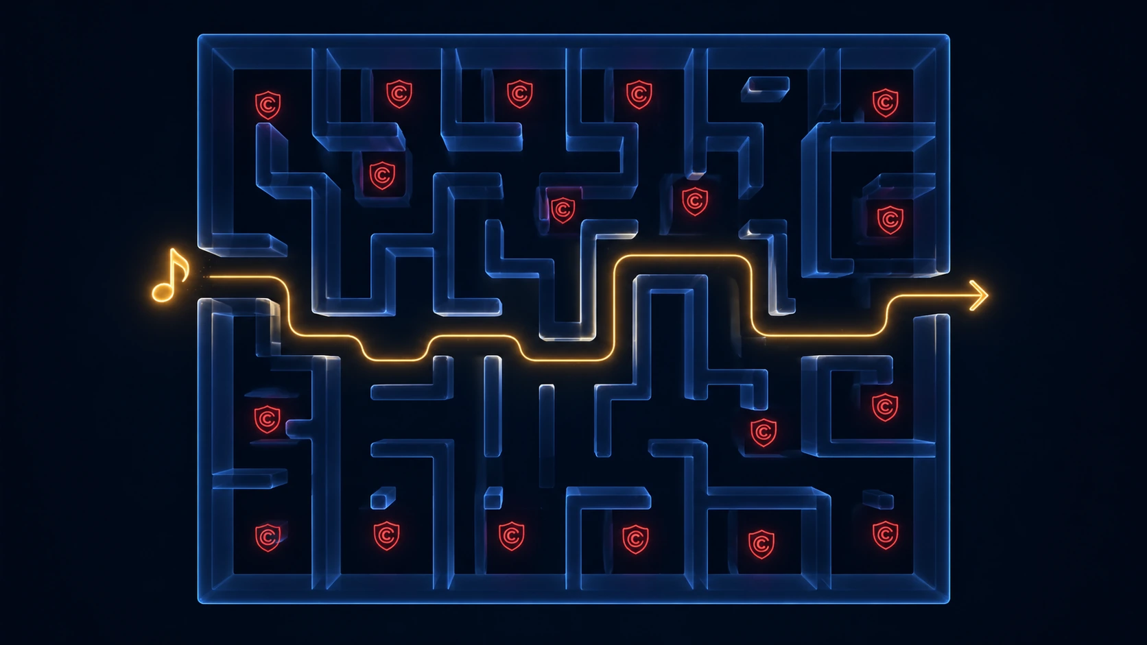 Music note navigating a maze, guided past copyright shield dead-ends along a clear golden path