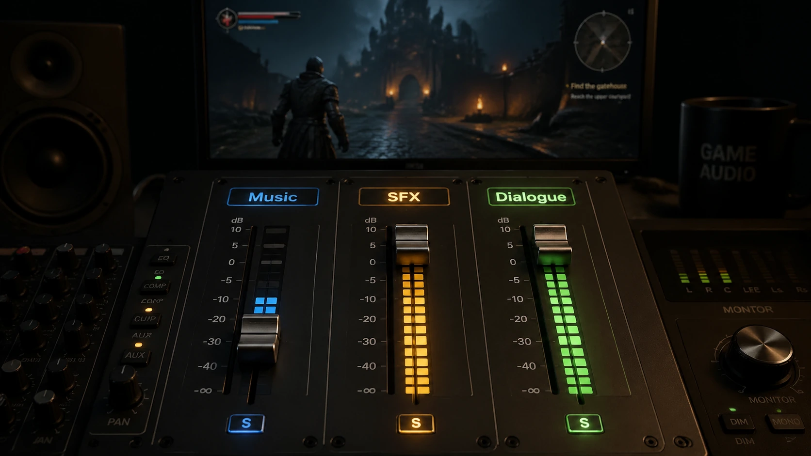Mixing console with music fader pulled lower than sound effects and dialogue channels for gameplay balance