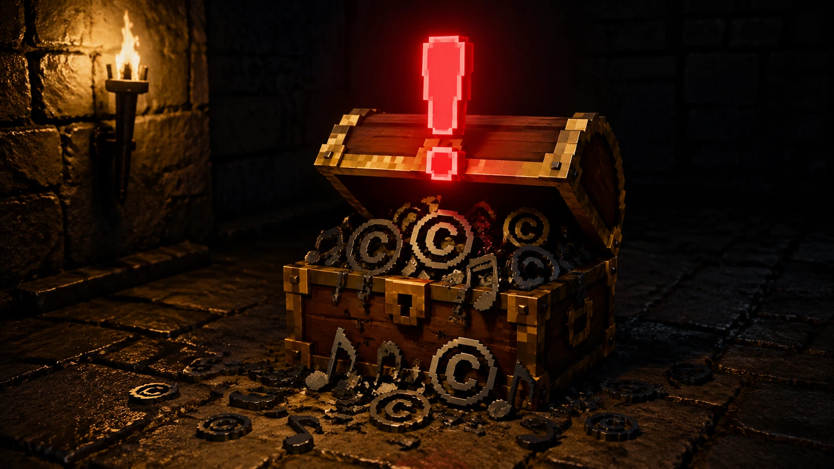 Pixel treasure chest spilling copyright symbols and broken notes with a warning exclamation mark
