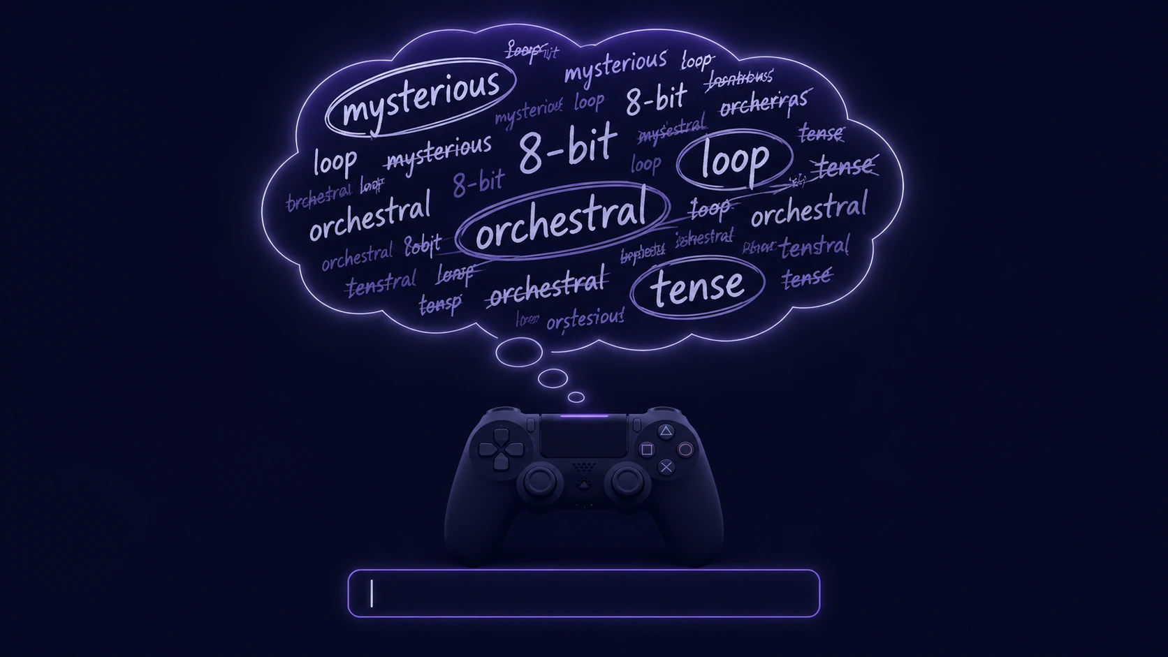 Game controller with a thought bubble full of tangled music terms and a blank prompt cursor below