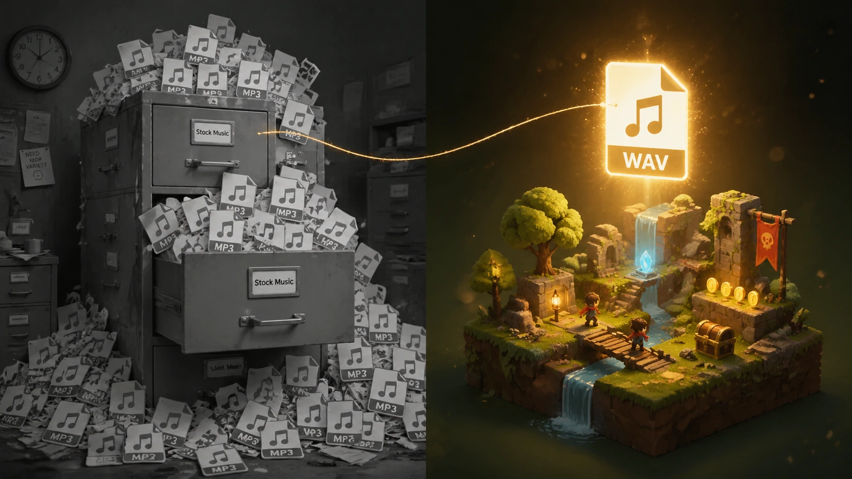 Cluttered stock music filing cabinet on the left versus a single glowing custom track connected to a game scene on the right