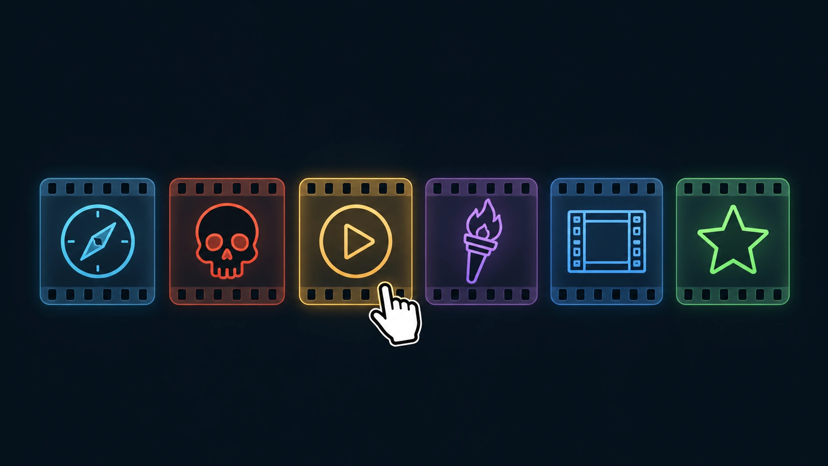 Row of six game scene icons — compass, skull, play button, torch, film frame, star — with a pointer selecting one