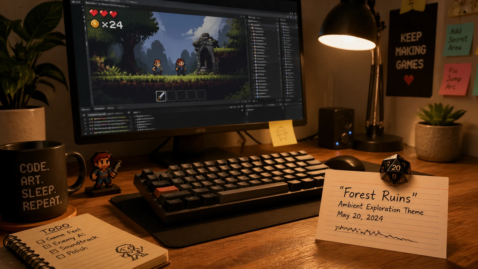 Indie dev desk with a game on screen and a pinned usage note card held down by a d20 die