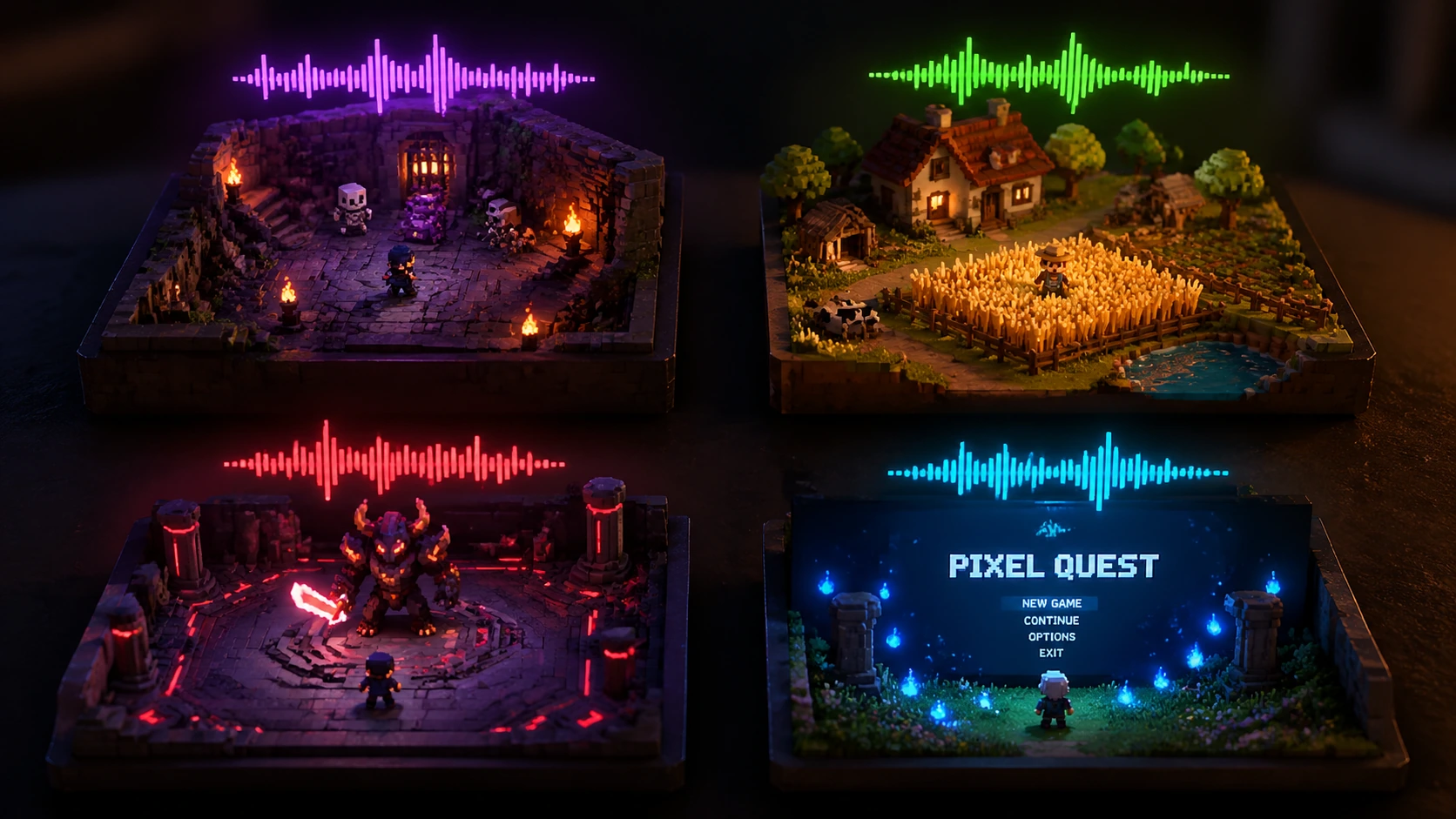 Four miniature game scenes each with a different colored sound wave, showing how each moment needs unique music