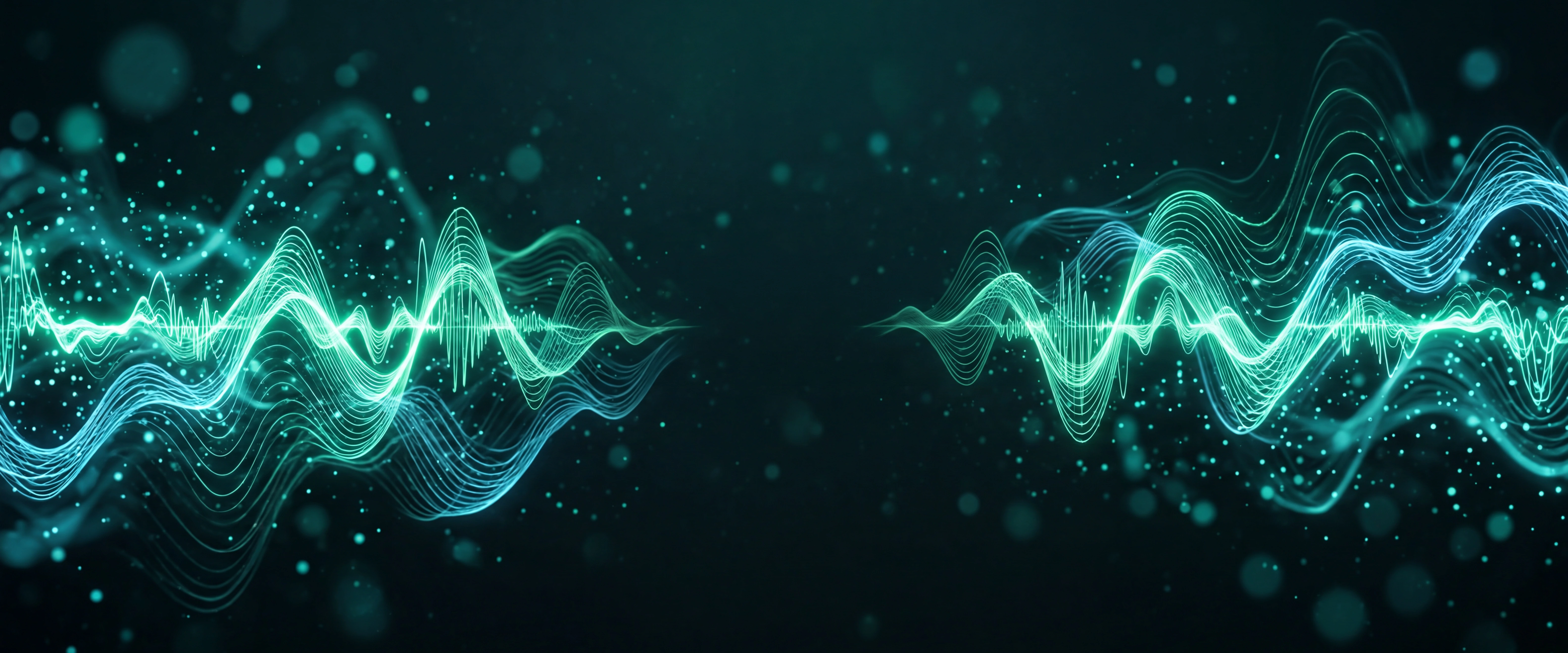 Luminous teal sound waves flowing through a dark aquatic atmosphere