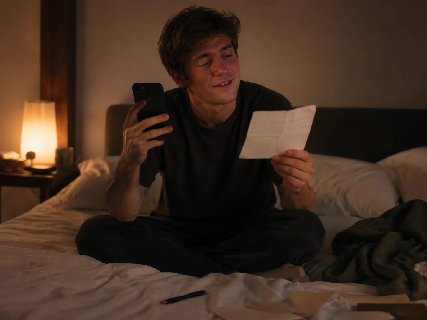 Person reading a handwritten poem aloud from a letter while recording on a phone
