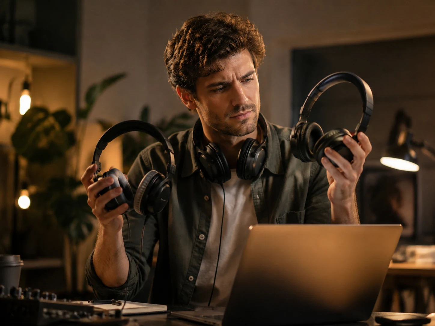 Person switching between headphones to compare different song versions