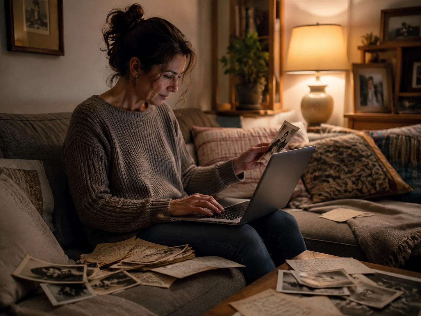 Person looking at old photos and notes while writing a story for a custom song