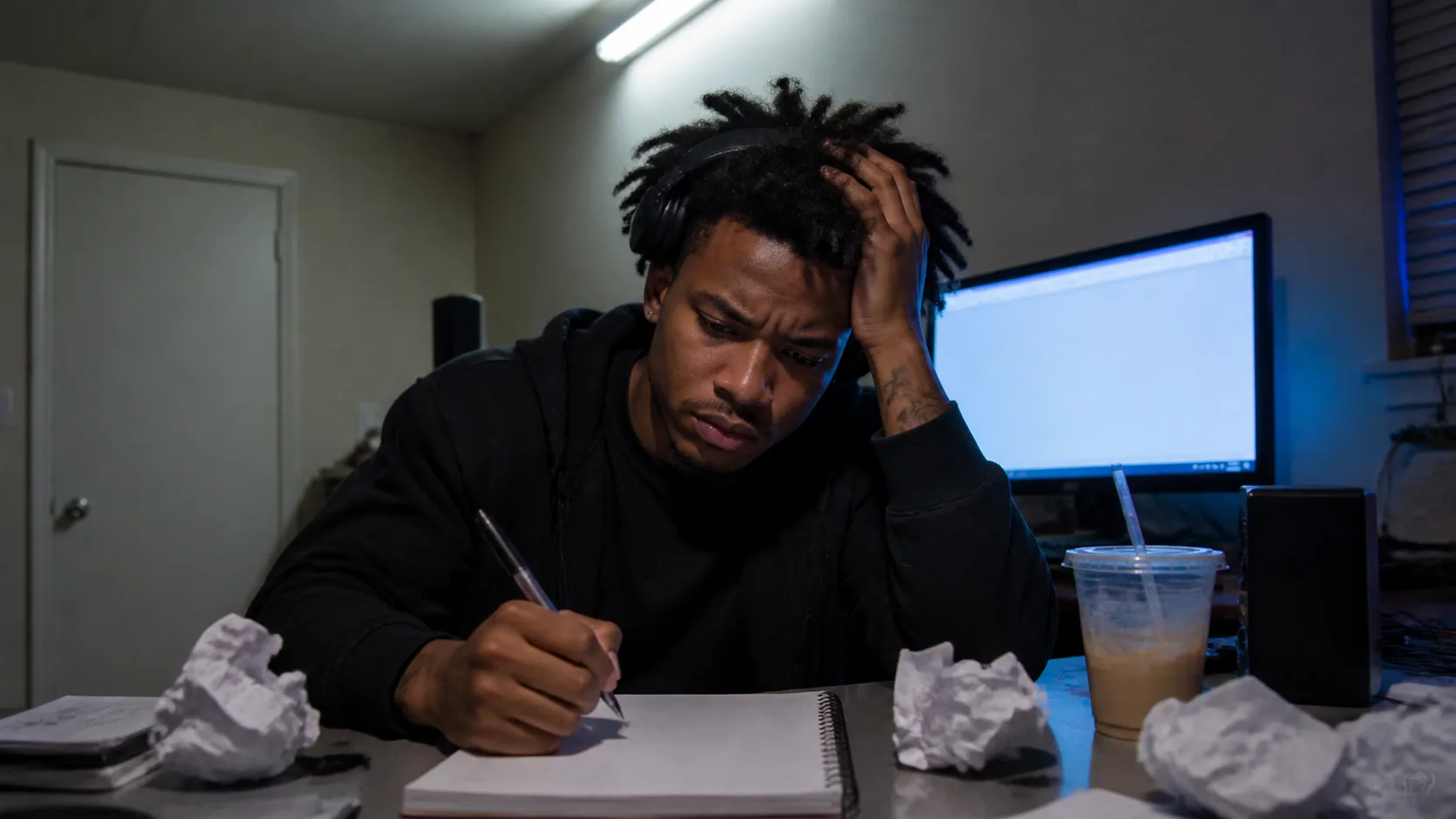 Rapper overcoming writer block with AI rap lyrics ideas